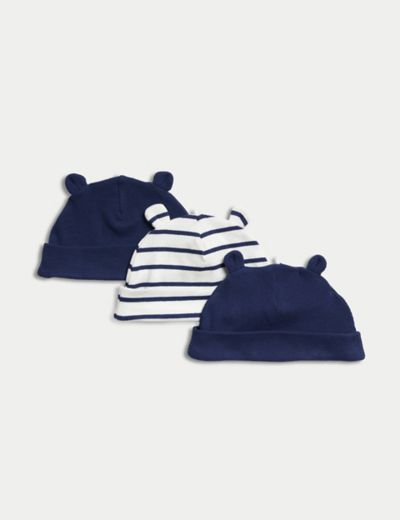 3pk Cotton Rich Striped & Ear Hats (0-1 Yrs)